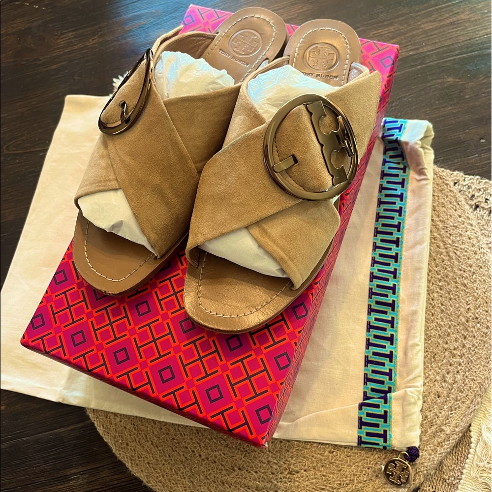 Tory Burch French Luggage (tan/brown) Thanesflat Slide- Lancaster Suede